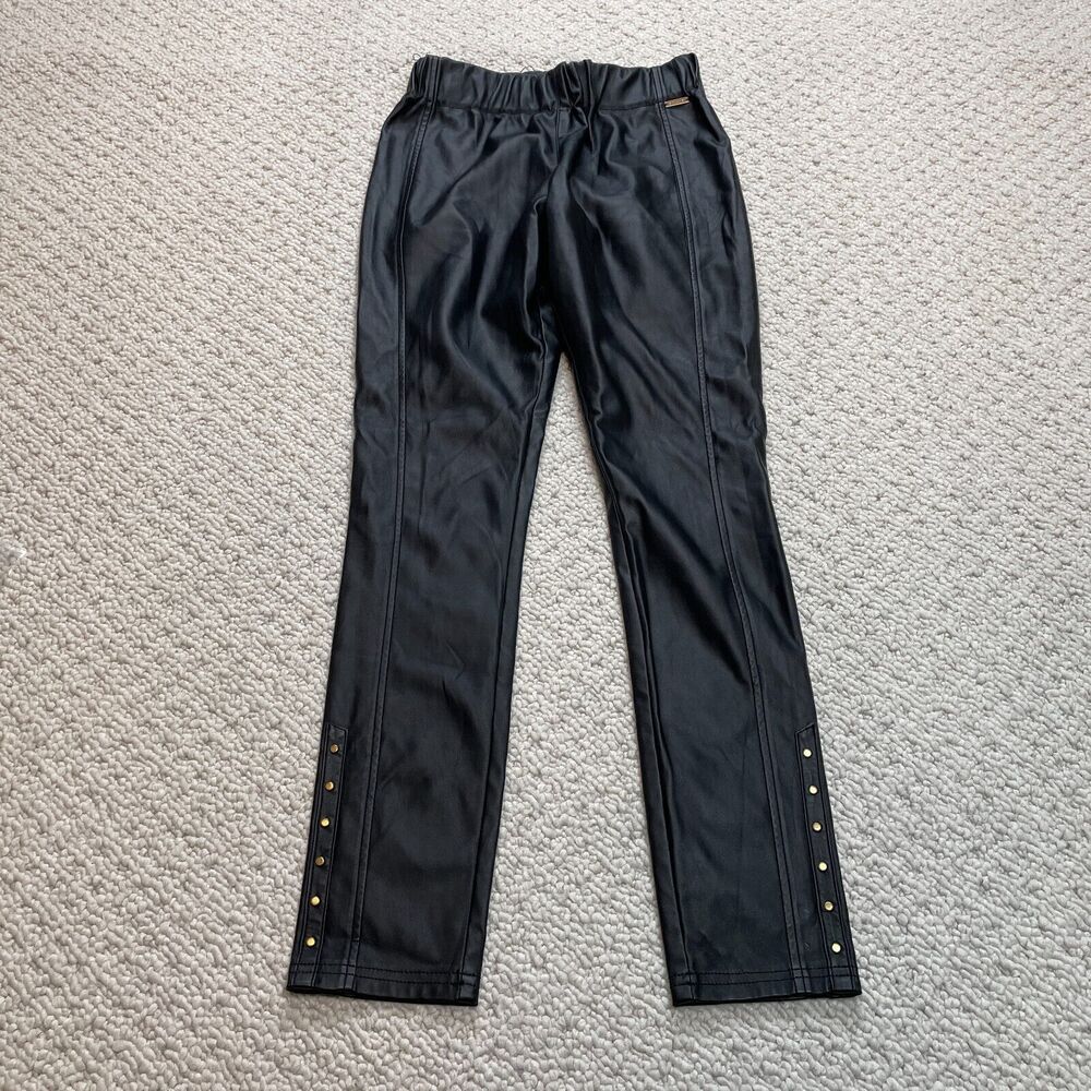 T Tahari Straight Faux Leather Pants Womens XS Black Elastic Waist 24x27.5